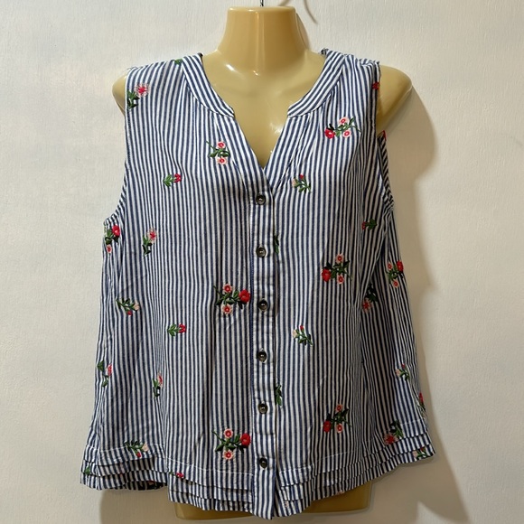 MISS ME WOMEN FLORAL STRIPED BLOUSE SLEEVELESS OVERSIZED Sz MEDIUM - Picture 2 of 11